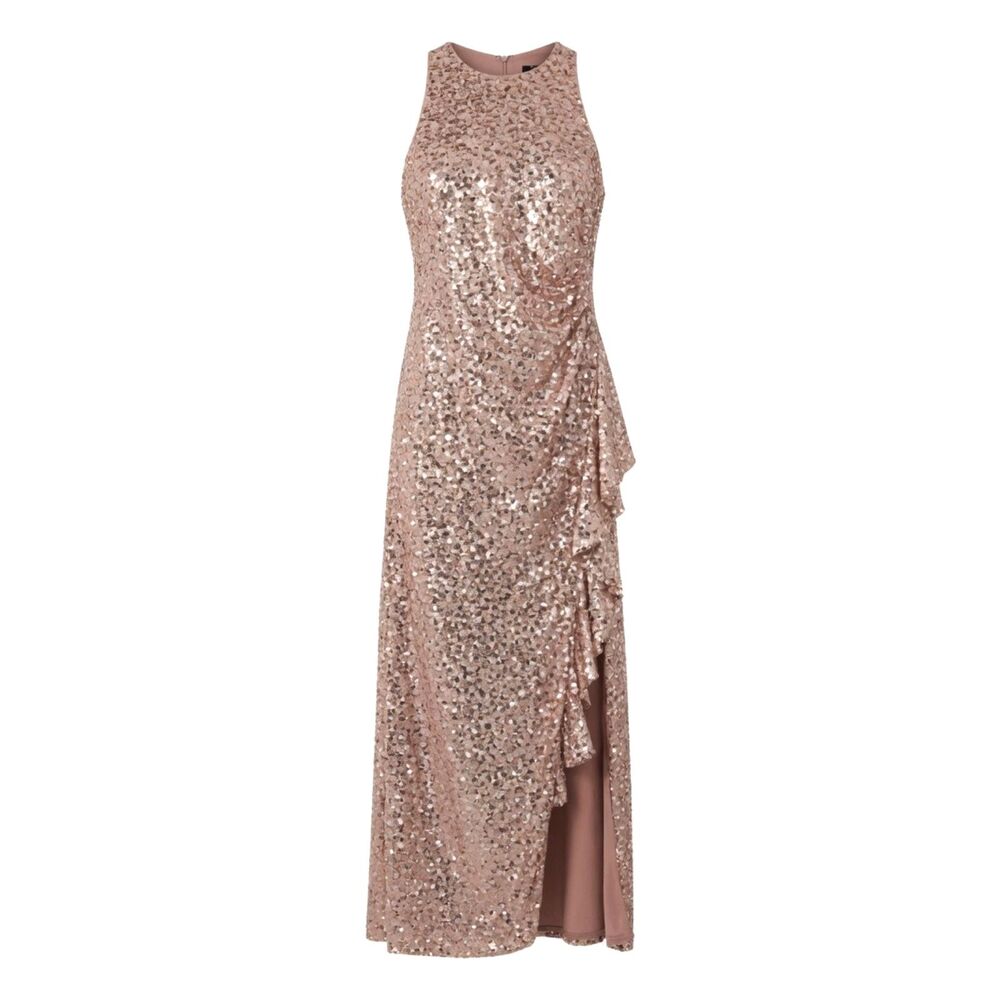 Alex Evenings Elaine Size 10 Mocha Sleeveless Sequin Lace Ruched Ruffle Gown